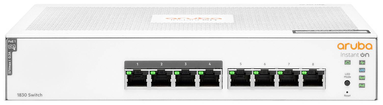 Een witte netwerk-switch met 8 Ethernet-poorten aan de voorkant, gemarkeerd met 'Aruba Instant On 1830 Switch'.