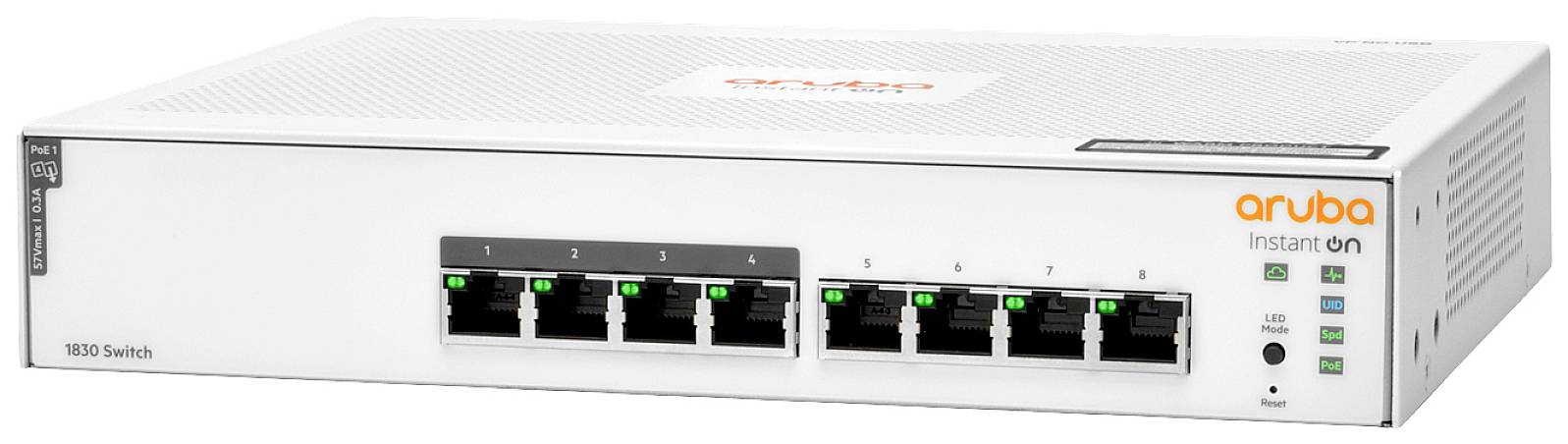 Netwerk-switch met acht Ethernet-poorten, fabriekslogo 'aruba Instant On', LED-indicatoren voor activiteit en verbinding aan de voorkant.