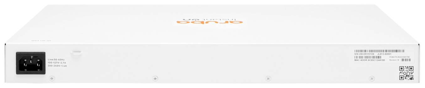 Netwerkapparaat met Aruba-logo bovenaan. Achterkant met stroomaansluiting, aanduiding en QR-code. 1U rack-montageformaat.