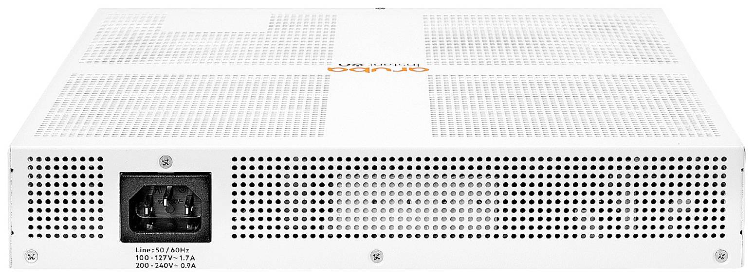 Een wit elektronisch apparaat, vermoedelijk een voedingsadapter, met ventilatiesleuven en een stroomaansluiting aan de achterkant.