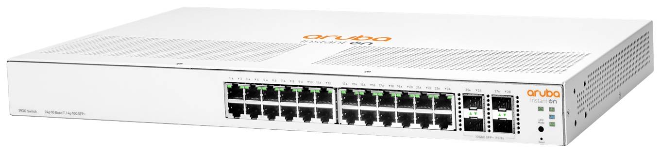 Witte netwerk-switch met 24 Ethernet-poorten, verluchtingssleuven bovenaan en 'aruba' markeringen op de bovenkant en voorkant.