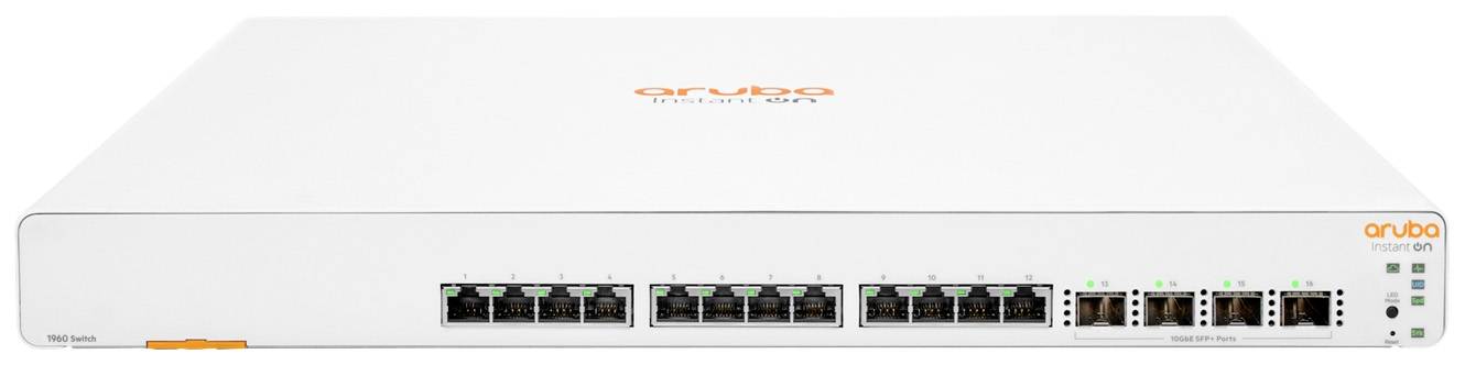 Een netwerk-switch met een wit behuizing en meerdere Ethernet-poorten aan de voorkant. Het merkenlogo 'Aruba' is bovenaan zichtbaar.