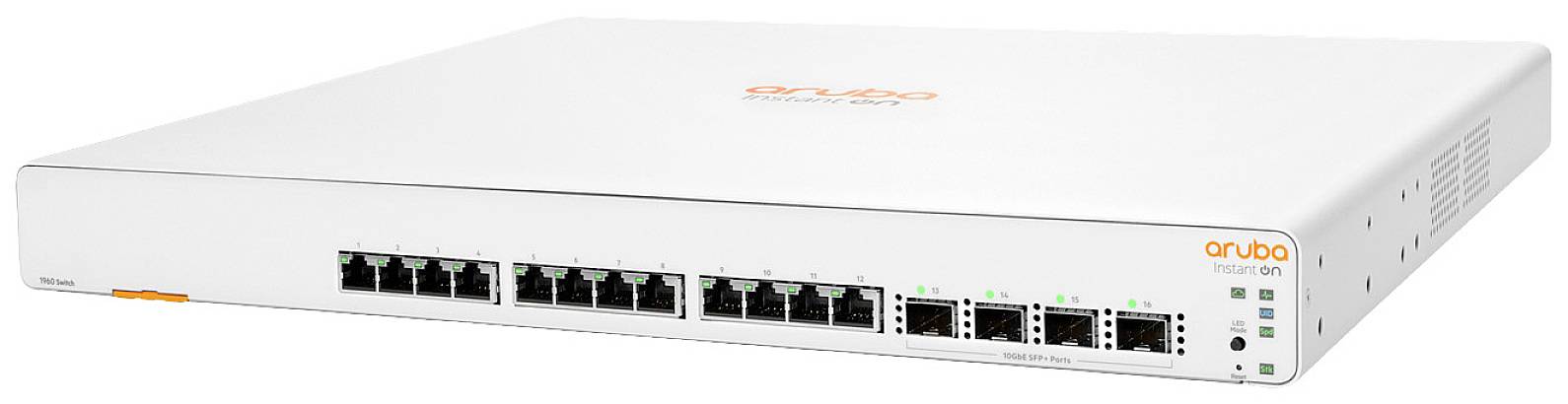 Een witte netwerk-switch met meerdere Ethernet- en glasvezelaansluitingen en LED-indicatoren op de voorkant.