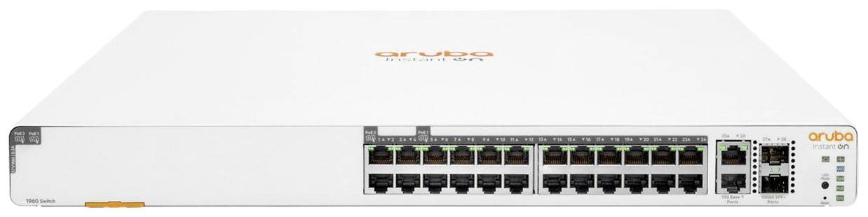 Witte netwerk-switch met 24 Ethernet-poorten en meerdere LED-indicatoren voor snelle toegang, met merklogo bovenop het apparaat.