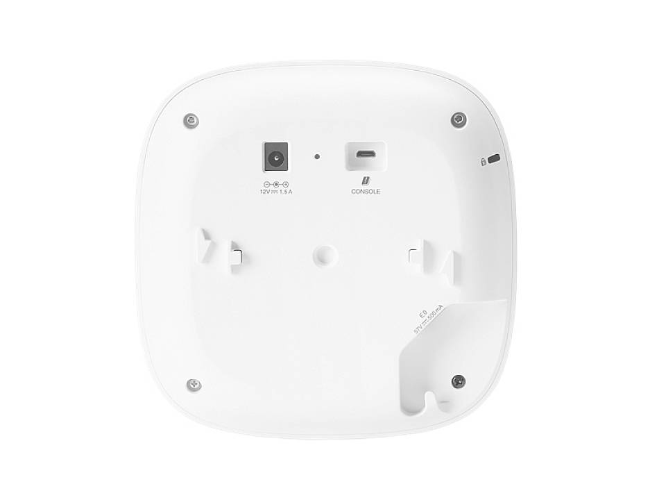 Onderkant van een wit elektronisch apparaat met aansluitingen voor stroom ('12V=1.5A') en 'CONSOLE'. Schroeven in de hoeken.