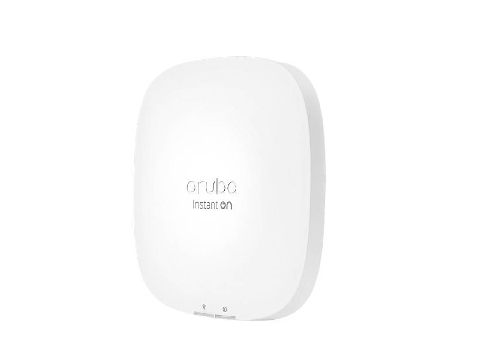 Witte Aruba Instant On Access Point gezien van opzij, toont het strakke design voor wandmontage of plafondmontage.