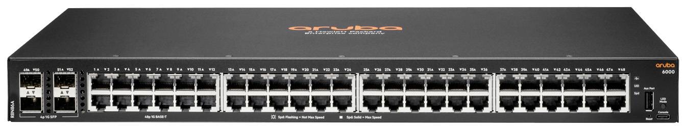 Netwerk-switch met 48 poorten en extra SFP-poorten linksboven voor glasvezelverbindingen. Merknaam bovenop het apparaat.