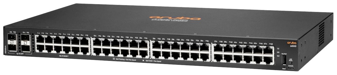Netwerk-switch met 48 Ethernet-poorten en 4 SFP+-poorten, merk 'Aruba', gebruikt voor het verbinden en beheren van netwerken.