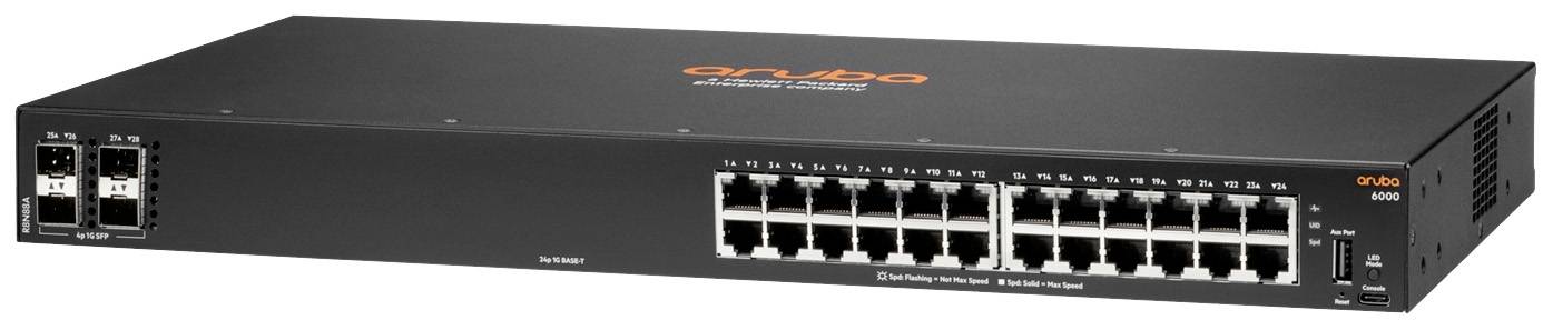 Een netwerk-switch met meerdere Ethernet-poorten van het merk 'Aruba', ideaal voor bedrijfsnetwerken. 48 poorten zichtbaar, robuust ontwerp.