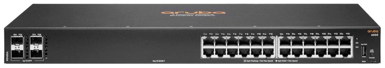 Een netwerk-switch met meerdere Ethernet-poorten en merklabel. Het apparaat is frontaal afgebeeld en toont aansluitingsmogelijkheden.