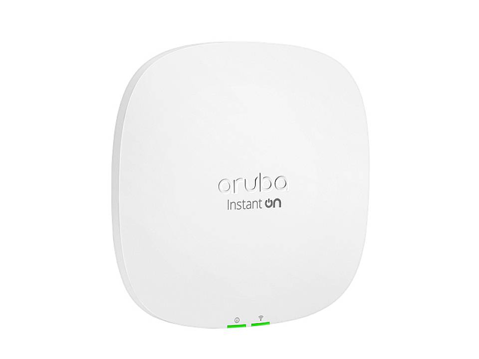 Een witte WLAN-access point van Aruba met het opschrift 'Instant On' op de voorkant. Twee groene LED-indicatoren onderaan.