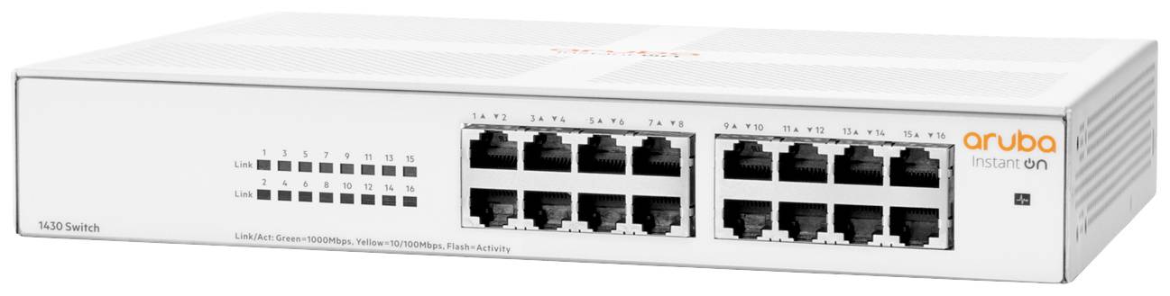 Een witte netwerk-switch met 16 Ethernet-poorten van het merk 'Aruba Instant On'. Geschikt voor gebruik in kleine tot middelgrote netwerken.