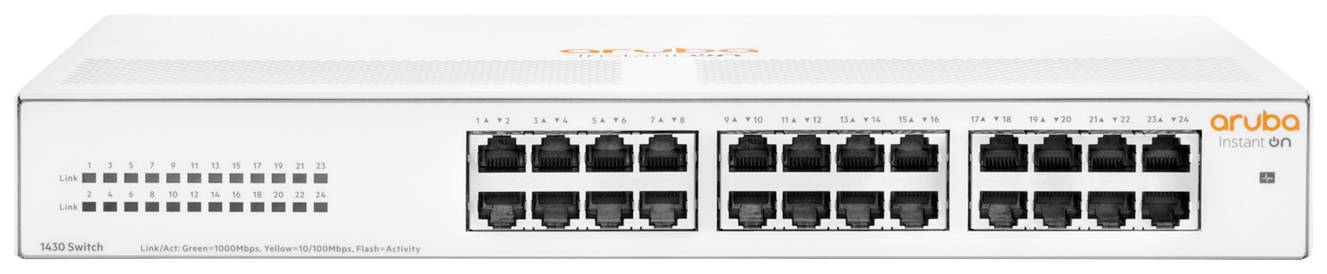 Een witte netwerk-switch met 24 Ethernet-poorten, merk 'Aruba Instant On', aan de voorkant. Geschikt voor zakelijke netwerken.