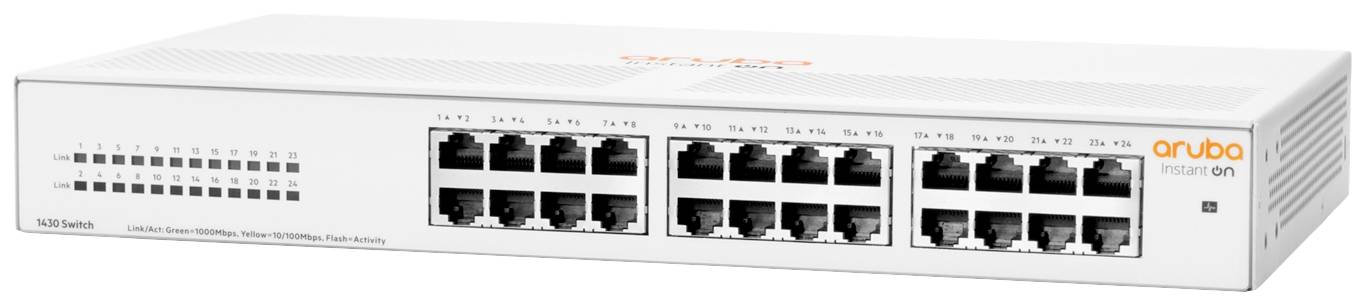 Netwerksswitch met meerdere Ethernet-poorten, met het merkenlogo 'Aruba' op de bovenkant. Ontworpen voor connectiviteit in IT-netwerkomgevingen.