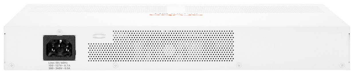 Witte elektronische doos met ventilatiesleuven. Linksonder is een netstroomaansluiting zichtbaar.