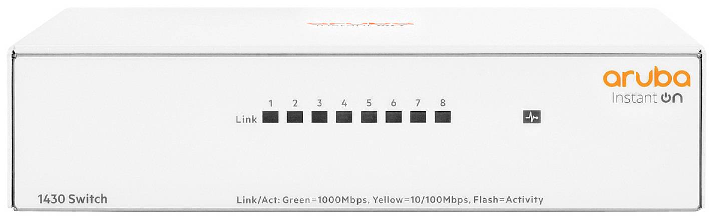 Een witte Aruba Instant On-netswitch, model 1430, met acht genummerde Ethernet-poorten en statusindicatoren voor verbindingsactiviteit.