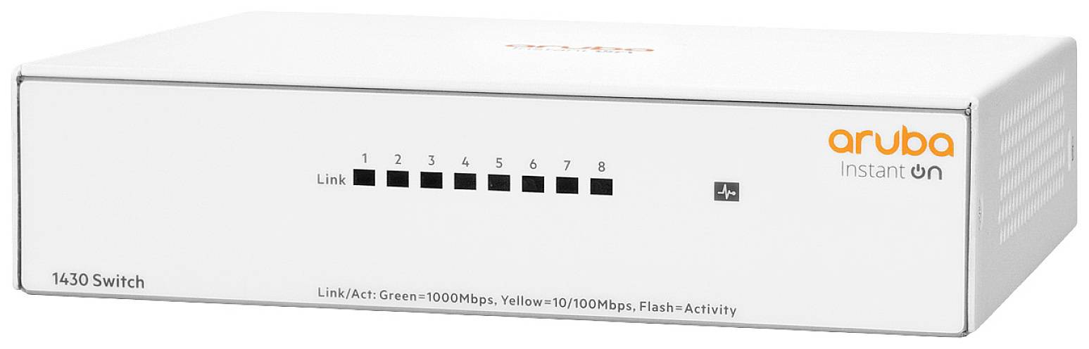 Een witte netwerk-switch met het opschrift 'aruba Instant On' aan de rechterkant en aansluitnummers 1 tot 8 aan de voorkant.