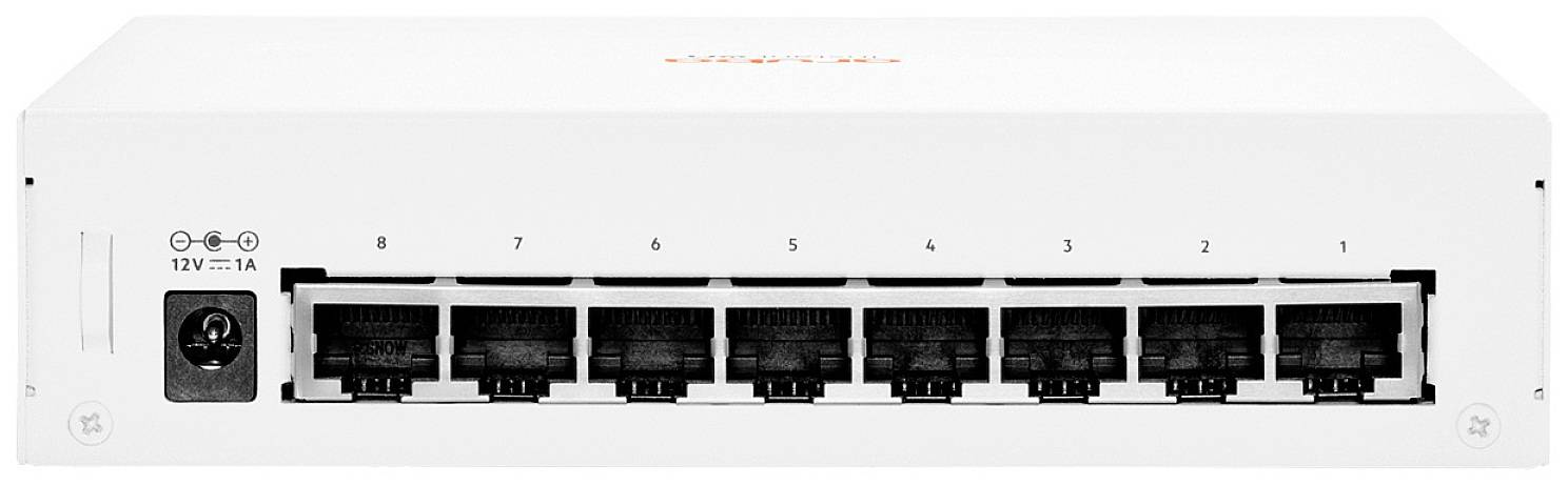 Een witte netwerk-switch met acht Ethernet-poorten (genummerd van 0 tot 7) en een stroomaansluiting aan de linkerkant.
