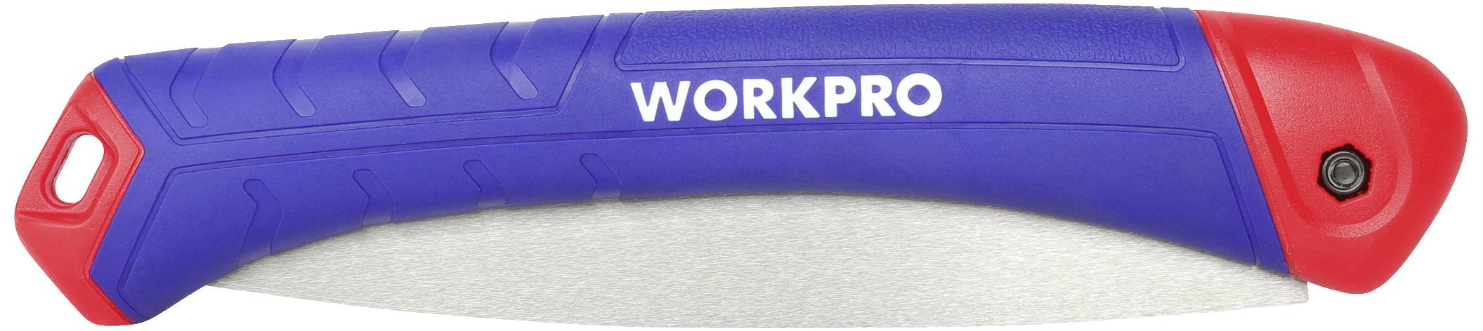 Opvouwbaar zakmes met blauw-rode handgreep en de opdruk 'WORKPRO'.