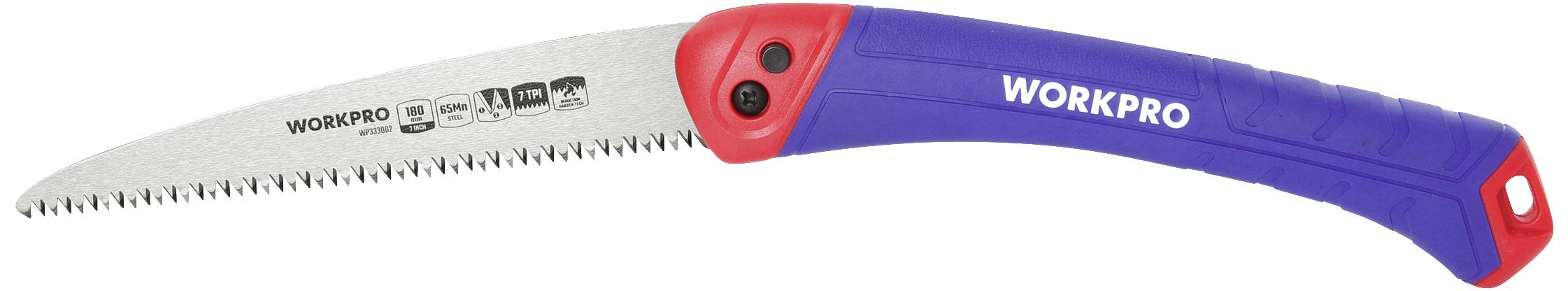 Handzaag met een blauwe en rode handgreep. Het zaagblad toont het logo 'WORKPRO' en symbolen voor verschillende toepassingsmogelijkheden.