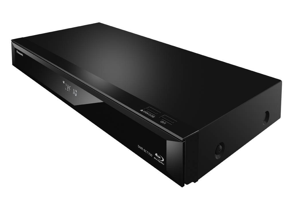 Zwarte Blu-ray-speler met display aan de voorkant, toont bedrijfsmodi en aansluitingen, geschikt voor het afspelen van Blu-ray-schijven.