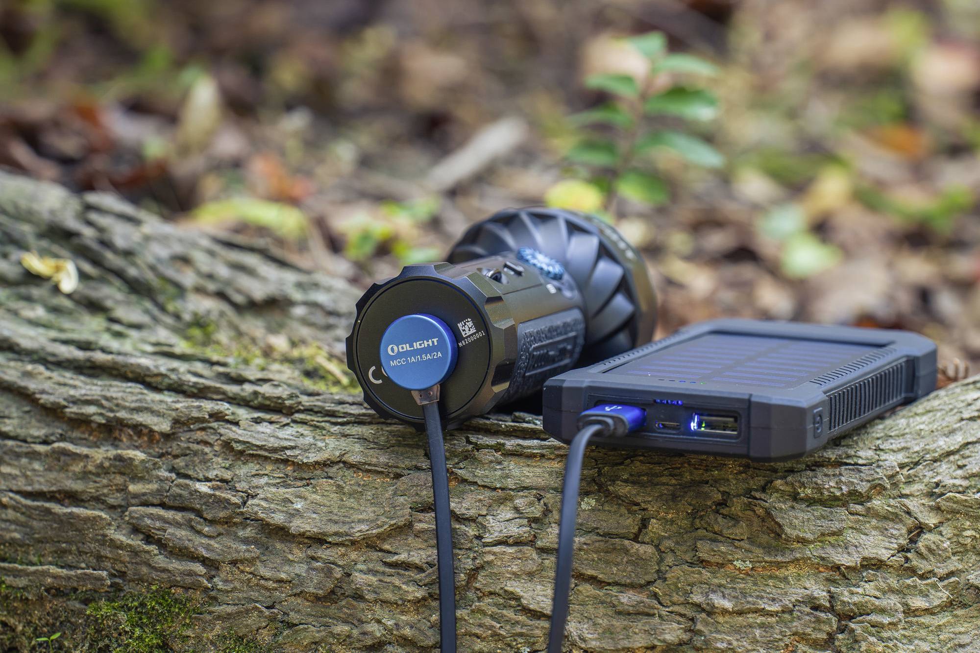 Zaklamp wordt opgeladen met een powerbank op een boomstam in het bos.