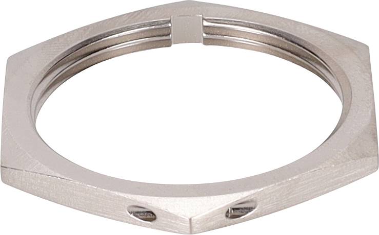 Een zeskante metalen vergrendelingsring met een gespleten opening aan één zijde, ontworpen voor het bevestigen van componenten in mechanische constructies.