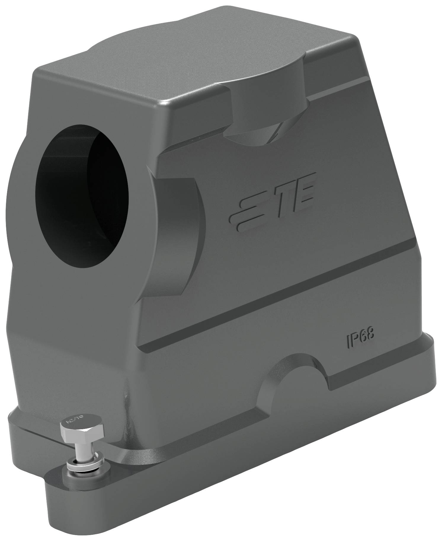 Grijs, rechthoekig machineonderdeel met een opening aan de zijkant. Behuizing met een logo en de tekst 'IP66'.