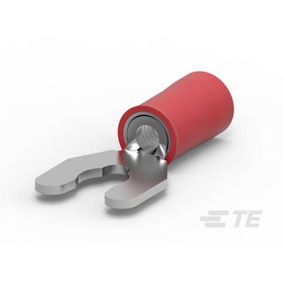 Rode kabelschoen met vorkaansluiting, geschikt voor elektrische verbindingen. Merklogo in de rechterhoek.