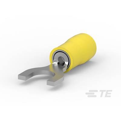Gele kabelschoen met metalen vork, gebruikt voor bevestiging aan elektrische componenten. Achtergrond is wit.