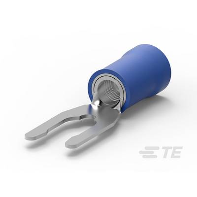Een blauwe geïsoleerde vorkkabelschoen met metalen tanden ligt op een wit oppervlak.