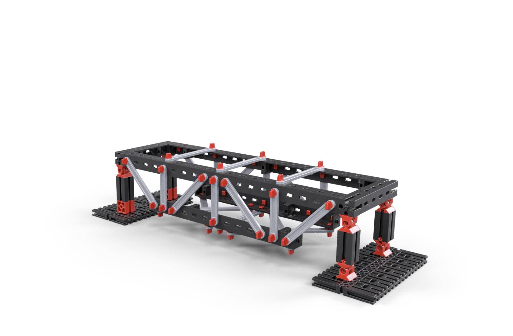 Een LEGO Technic-model van een brugconstructie in zwart en rood. Het toont balken met verstevigingen die op stabiele voeten staan.