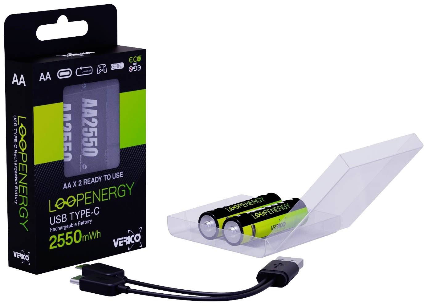 'LoopEnergy' AA-batterijpakket met USB-C-laadkabel en twee herlaadbare batterijen, elk 2550 mWh. Broedersverpakking.