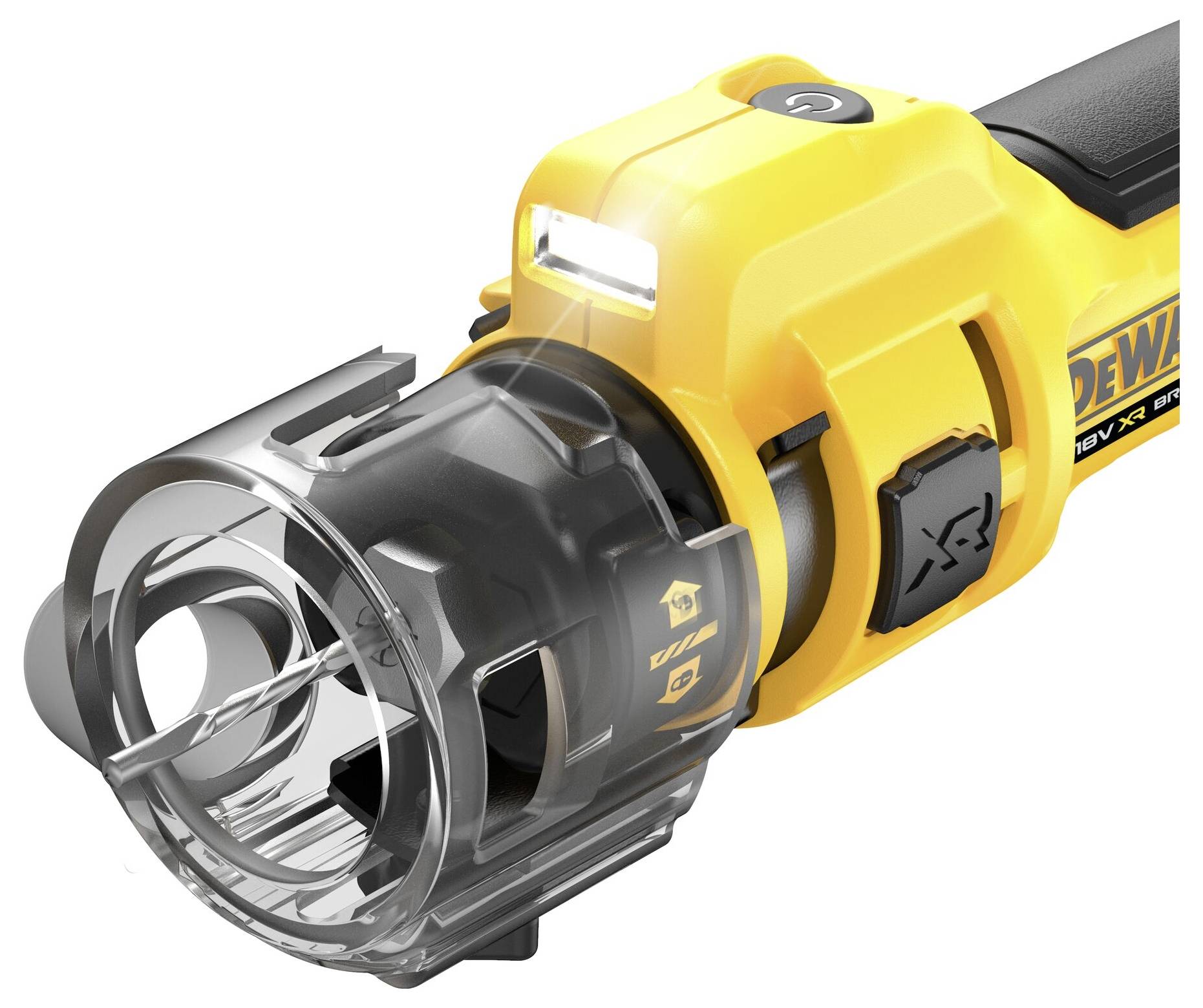 Een geel elektrisch gereedschap met een zwarte handgreep, doorzichtige beschermkap en LED-verlichting; wordt gebruikt voor slijpen of snijden.