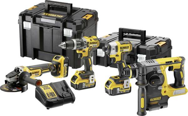 DEWALT DCK422P3T-QW DCK422P3T-QW Gereedschapsset Accu-klop/schroefmachine, Accu-slagmoersleutel, Accu-boorhamer, Haakse accuslijper, Accu, Acculader 10-delig