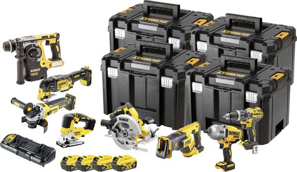 DEWALT DCK865P4T-QW DCK865P4T-QW Gereedschapsset Accu-klop/schroefmachine, Accu-slagmoersleutel, Accu-boorhamer, Haakse accuslijper, Accu-reciprozaag, Accu-multitool, Accu-handcirkelzaag, Accu-decoupeerzaag, Accu, Acculader 17-delig