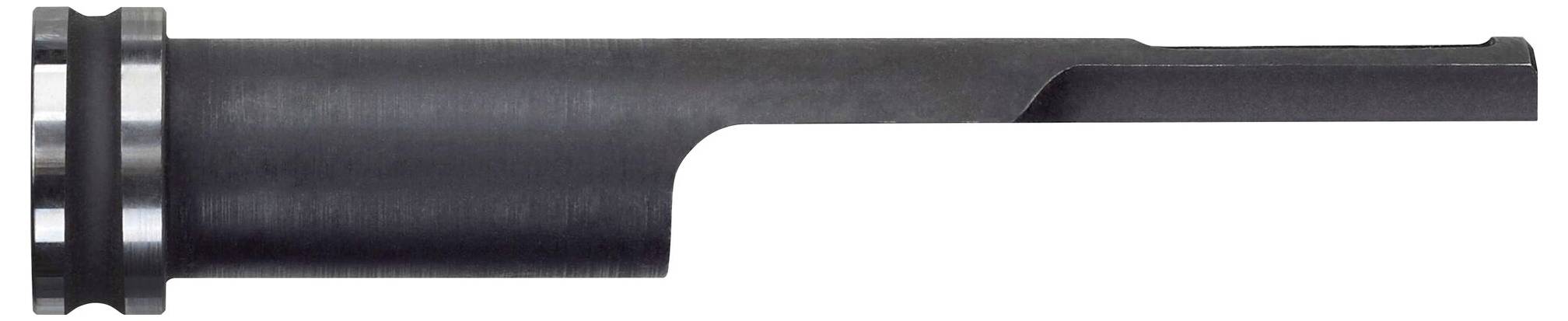 Een langwerpig, cilindrisch metalen onderdeel met een gladde, donkere afwerking en twee zilveren ringen aan de linkerkant.