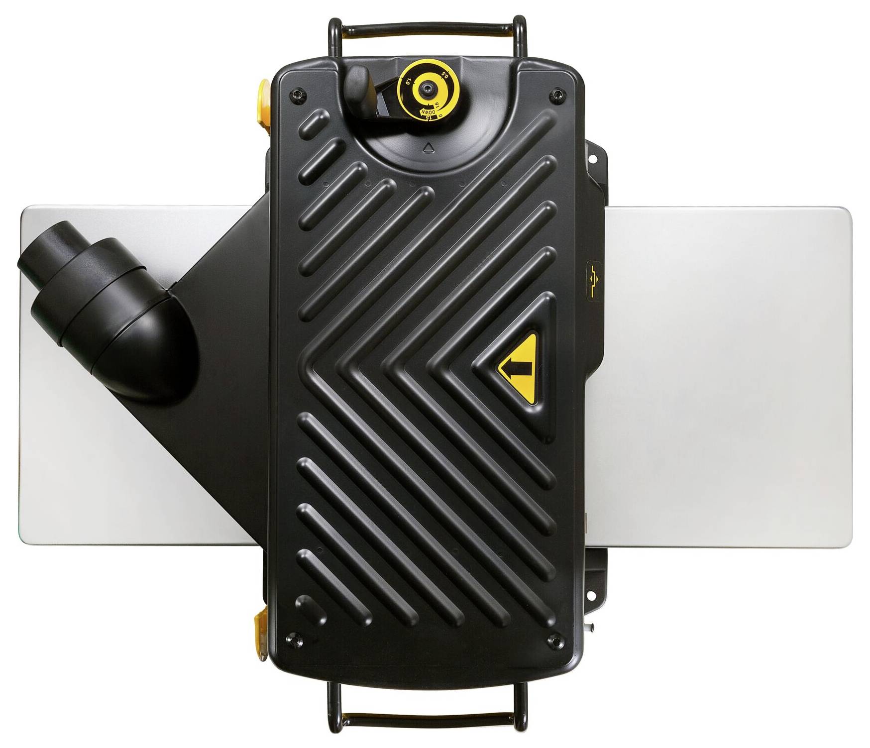 Een zwart mechanisch apparaat met een grote hefboom en gele details, vermoedelijk voor industrieel gebruik.