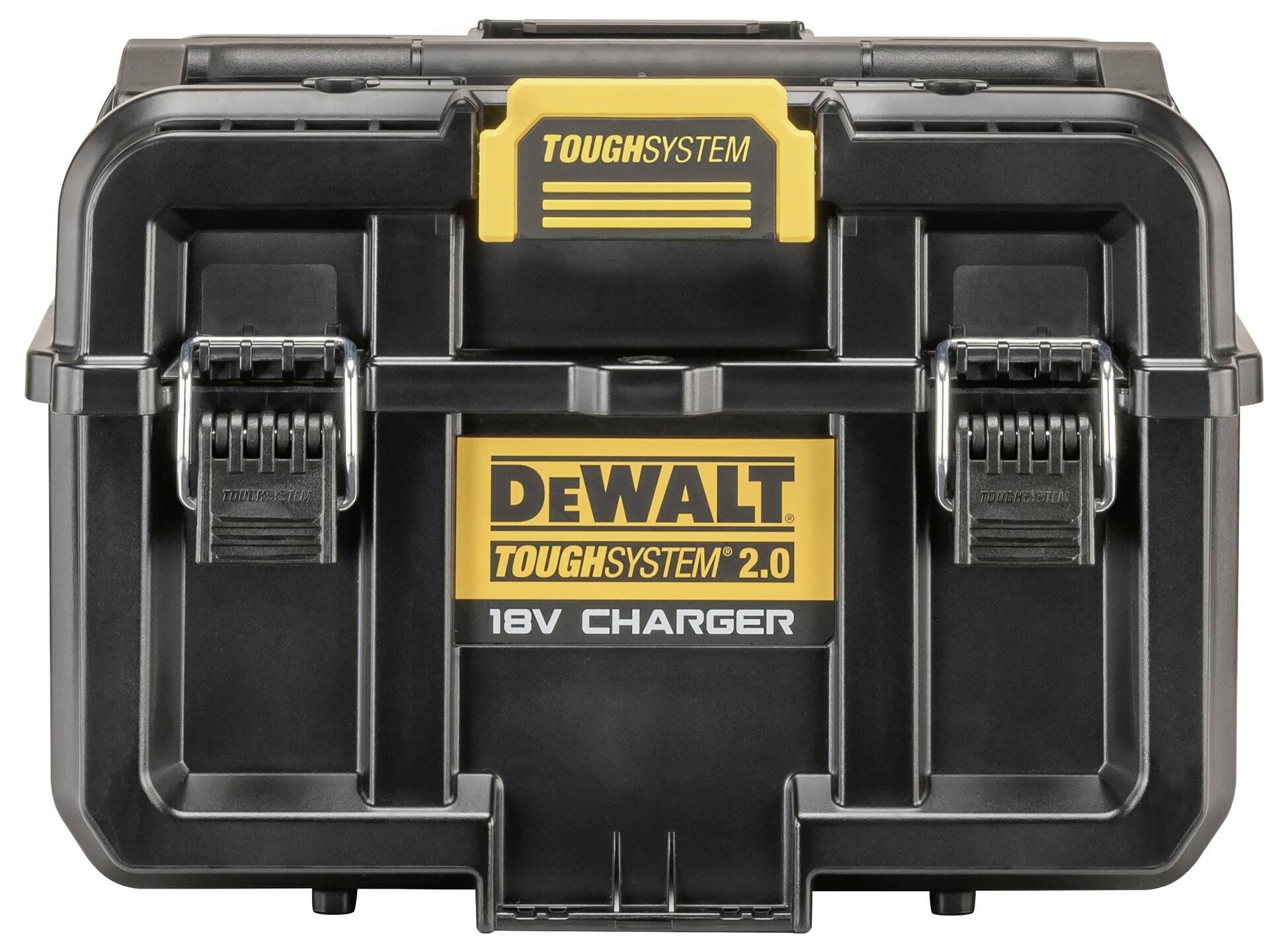 Een zwarte gereedschapskoffer met de opdruk 'DeWalt ToughSystem 2.0 18V Charger'. Twee sluitingen en gele greep bovenaan.