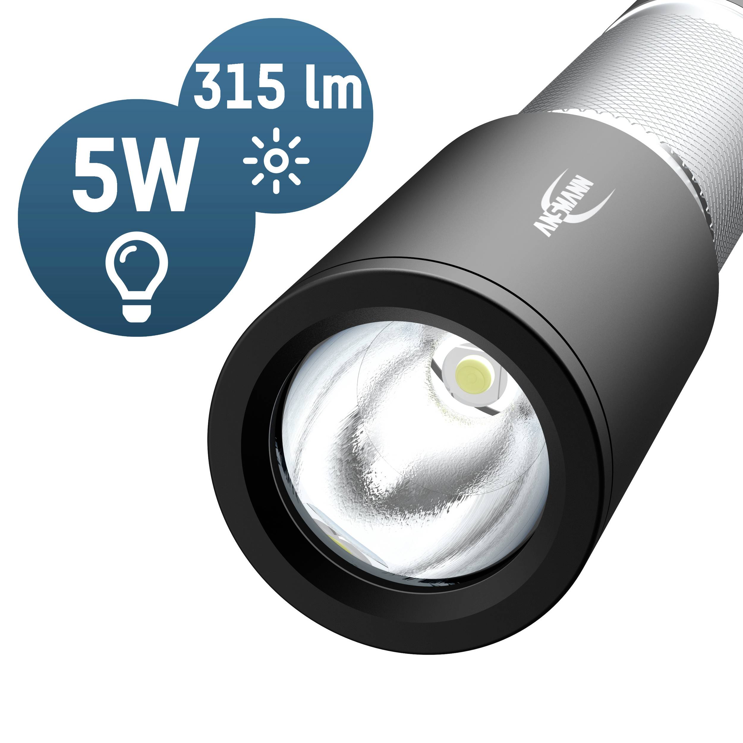 Zwarte zaklamp met het opschrift 'ANSMANN', 5W vermogen en 315 lumen helderheid. Symbolen tonen helderheid en energieverbruik.