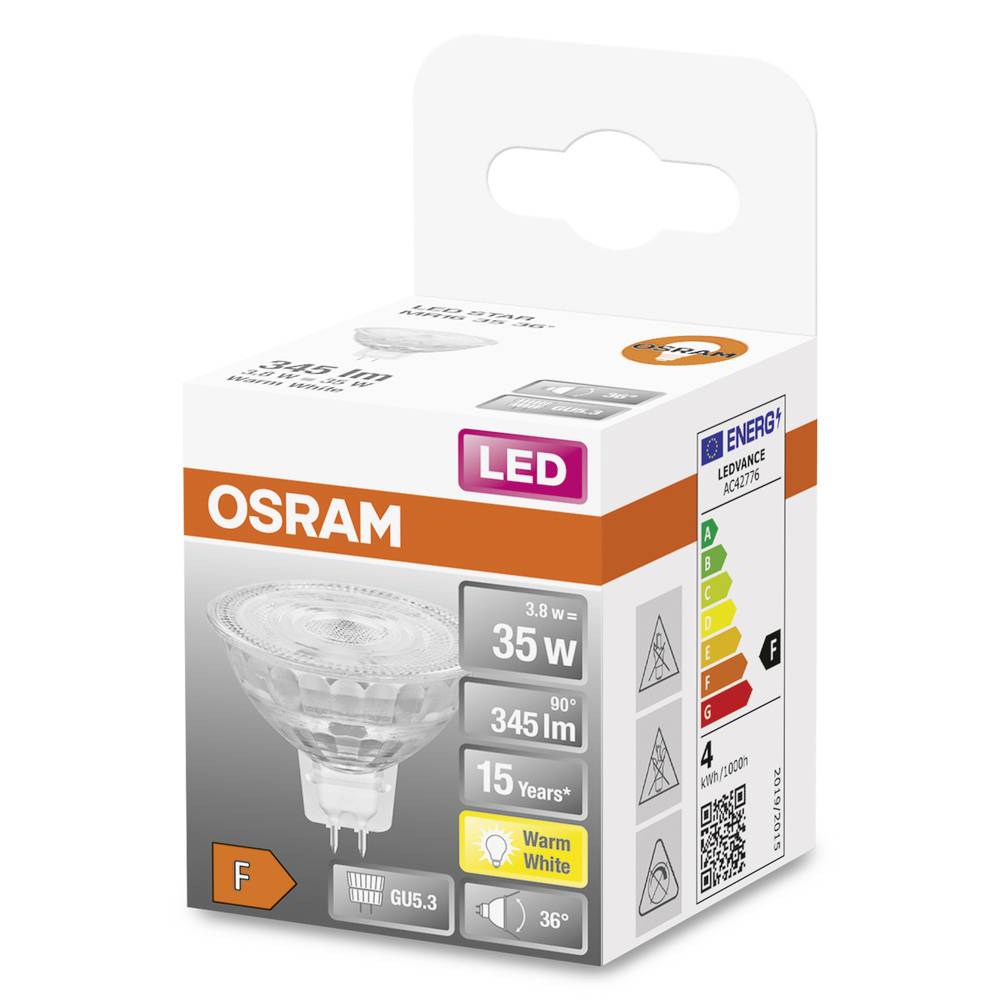 Verpakking van een Osram LED-lamp met 35 W, 345 lm, 15 jaar levensduur, warmwit, energieklasse F. Vooraanzicht van de lamp op de voorgrond.