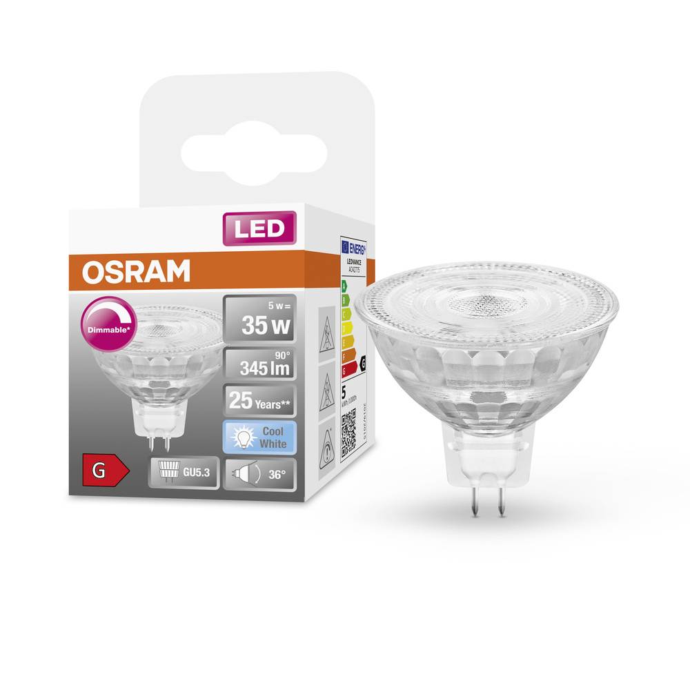 'LED-lamp Osram, 35W, 345 Lumen, koud wit, energieklasse G, 25 jaar levensduur. GU5.3 fitting, 36° stralingshoek.'