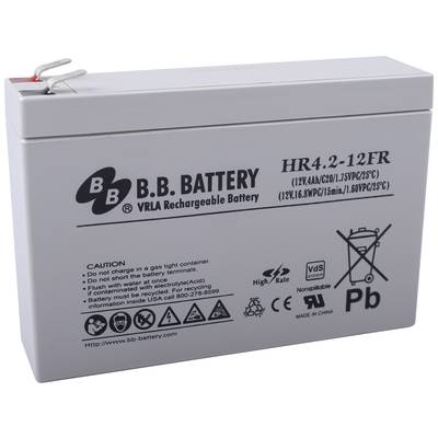 Grijze oplaadbare loodbatterij van B.B. Battery, model HR4.2-12FR, met waarschuwingen en technische symbolen op de voorkant.
