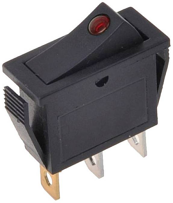 Zwarte kipschakelaar met rode lichtindicator aan de bovenkant, geschikt voor elektrische apparaten.