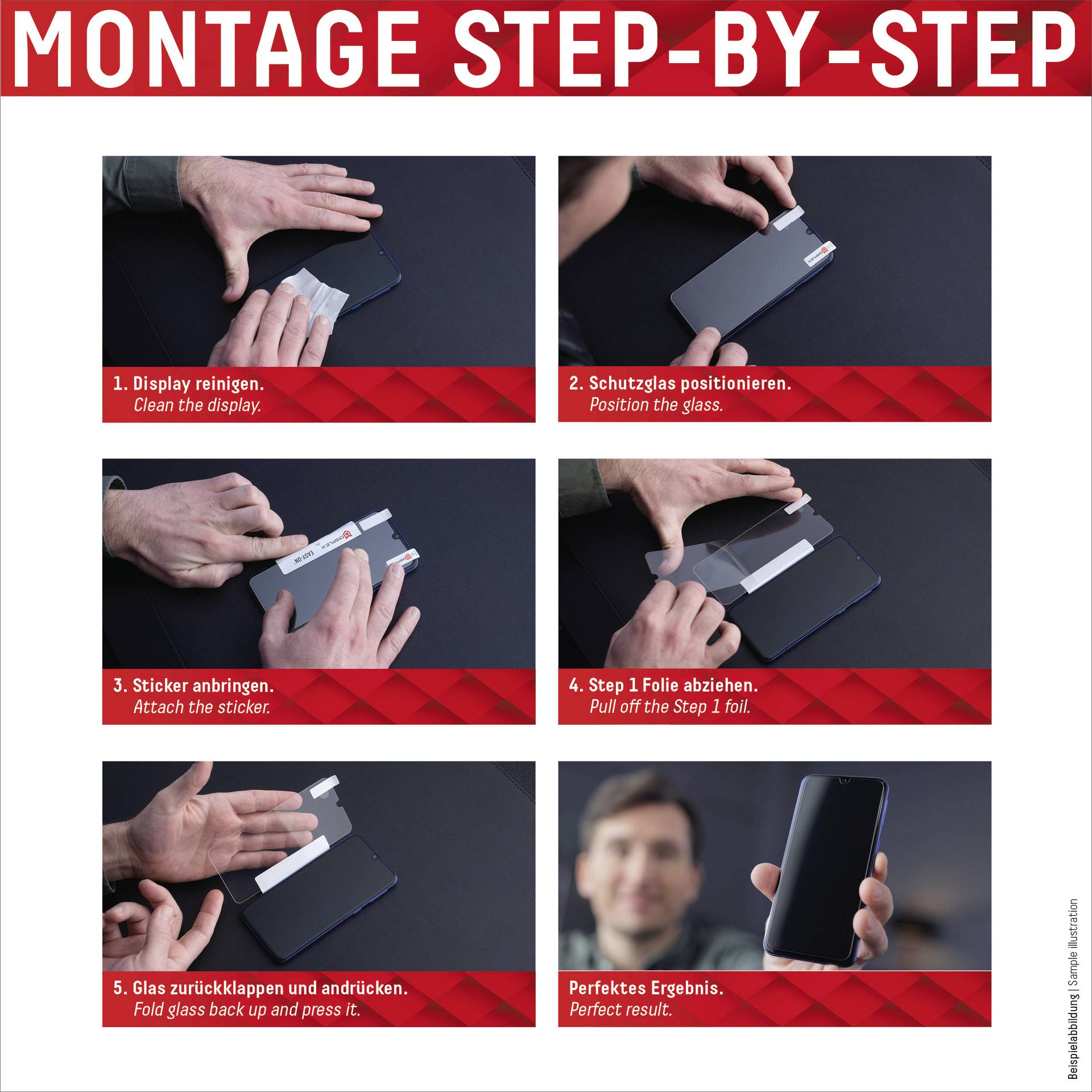 'Montage Stap voor Stap': Zes stappen voor het installeren van een schermbeschermer op een apparaat, inclusief reiniging, positionering en bevestiging.