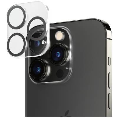 Close-up van een smartphone met drie cameralobjektieven en een flitser; ernaast zweeft een transparante beschermhoes.