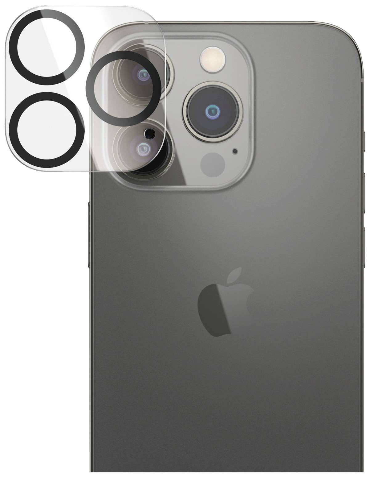 Een smartphone met drie cameratotaalobjectieven aan de achterkant, naast een heldere beschermfolie voor de lenzen.