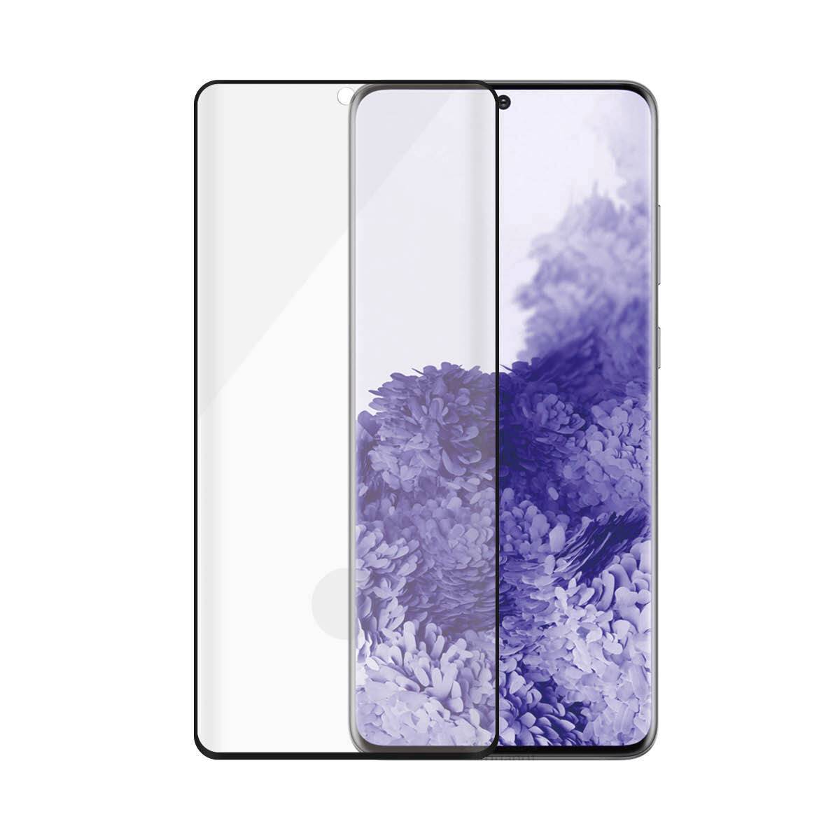 Een smartphone met een paars bloempatroon op het scherm staat naast een transparante schermbeschermer afgebeeld.