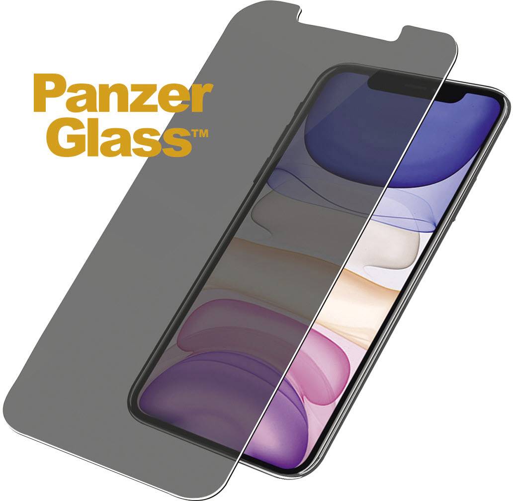 'PanzerGlass' schermbeschermfolie beschermt de voorkant van een smartphone, die schematisch wordt weergegeven, met een zwart design.
