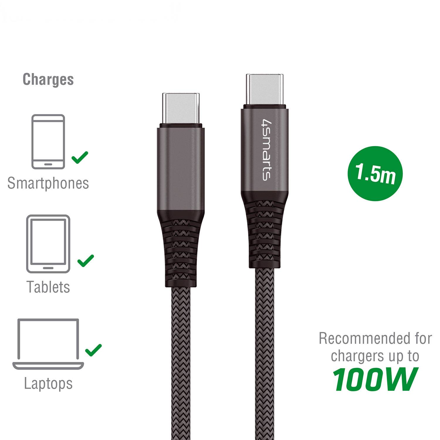 Oplaadkabel met twee aansluitingen, geschikt voor smartphones, tablets en laptops. Aanbevolen voor opladers tot 100W, lengte 1,5m.